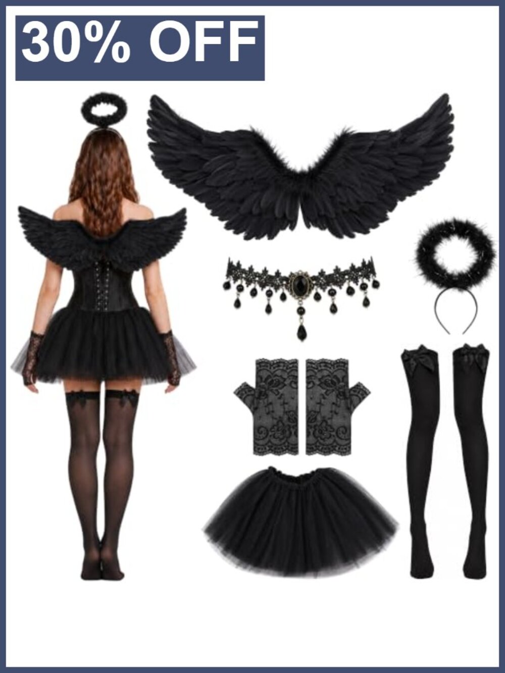 Women's Gothic Angel Wings Costume Accessory Set Cosplay Halloween 6 Piece Adult